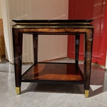 Square Burl-Veneer Sofa Side Table with Layered Top, Open Lower Shelf and Champagne Stainless Steel Details